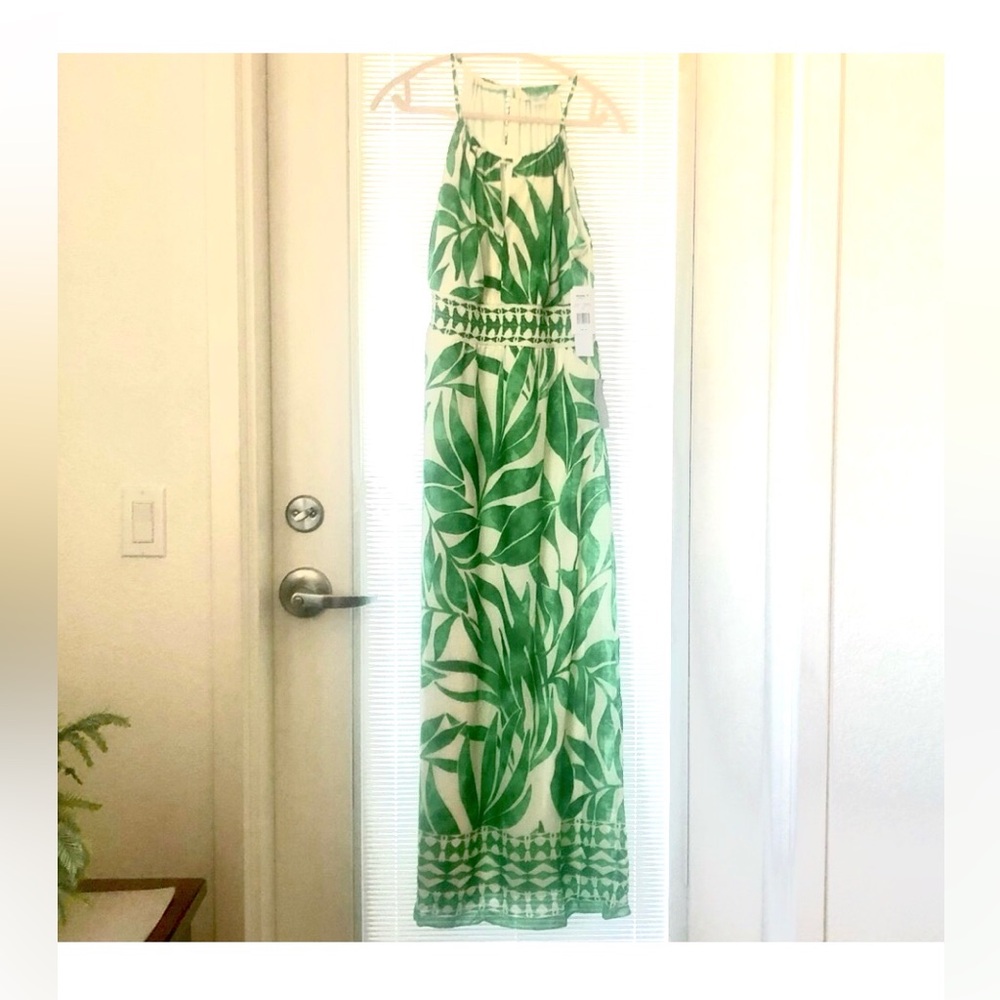 2 for $22 - Green and Cream Lined Halter Maxi Dress